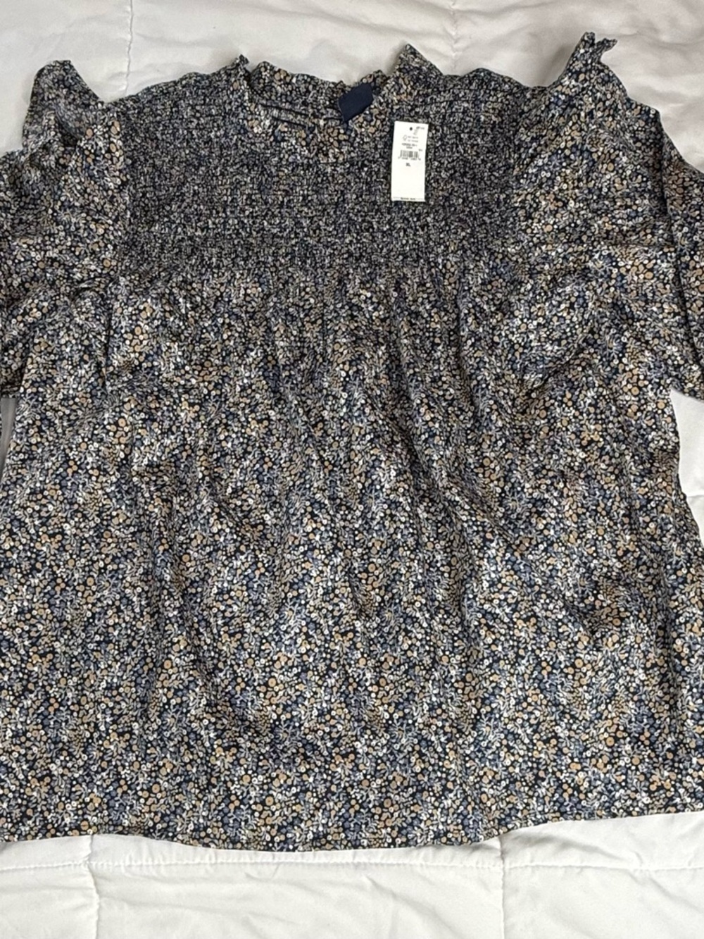 GAP Navy and Beige Floral Smocked Yoke Blouse